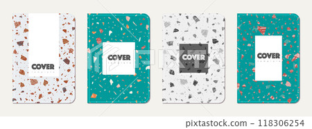 Brochure cover design. Terrazzo abstract background made of natural stones, granite, quartz and marble. Venetian terrazzo texture brochure template. Brochure cover design. Terrazzo abstract background made of natural stones, granite, quartz and marble. Venetian terrazzo texture brochure template. 118306254