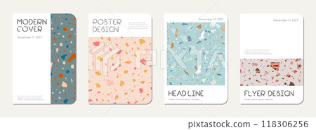 Notebook cover design. Terrazzo abstract background made of natural stones, granite, quartz and marble. Venetian terrazzo texture notebook cover template. Notebook cover design. Terrazzo abstract background made of natural stones, granite, quartz and marble. Venetian terrazzo texture notebook cover template. 118306256