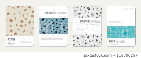 Brochure cover design. Terrazzo abstract background made of natural stones, granite, quartz and marble. Venetian terrazzo texture brochure template. Brochure cover design. Terrazzo abstract background made of natural stones, granite, quartz and marble. Venetian terrazzo texture brochure template. 118306257