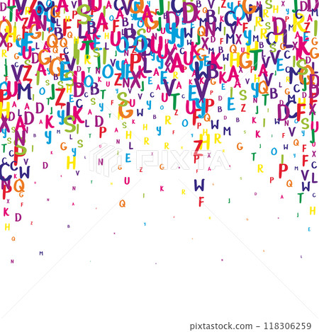 Falling letters of English language. Colorful childish flying characters of Latin alphabet. Foreign languages study concept. Back to school banner on white background. Falling letters of English language. Colorful childish flying characters of Latin alphabet. Foreign languages study concept. Back to school banner on white background. 118306259