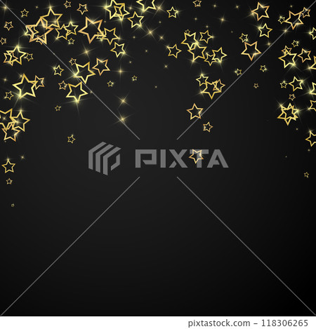 Christmas spirit. Scattered falling stars. Festive christmas confetty overlay template. Festive stars vector illustration on black background. 118306265