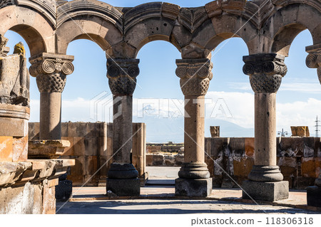colonnade in Zvartnots Cathedral and mountain 118306318