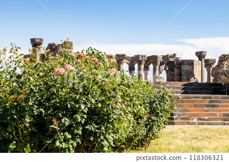 view of Zvartnots Cathedral from garden in Armenia 118306321