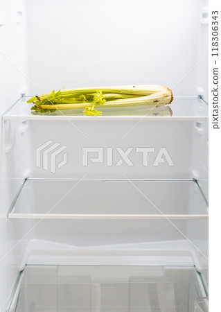 kitchen refrigerator with withered celery on shelf kitchen refrigerator with withered celery on shelf 118306343