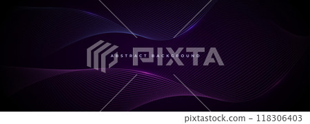 Abstract dark wide banner background with glowing blue and purple wavy lines. 118306403