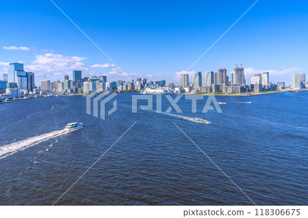 Tokyo cityscape in Japan - View of tower apartments and water buses (Hotaruna) in Harumi, Tokyo 118306675