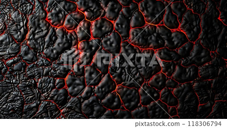 Molten lava, glowing orange and red, seeps through cracks in a blackened, solidified lava field, showcasing the raw power of volcanic activity. Molten lava, glowing orange and red, seeps through cracks in a blackened, solidified lava field, showcasing the raw power of volcanic activity. 118306794