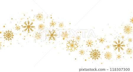 Glitter snowflakes wave on white background. Golden snowflakes border with different ornaments. Luxury Christmas garland. Gold winter ornament for packaging, cards, invitations. Vector illustration Glitter snowflakes wave on white background. Golden snowflakes border with different ornaments. Luxury Christmas garland. Gold winter ornament for packaging, cards, invitations. Vector illustration 118307300