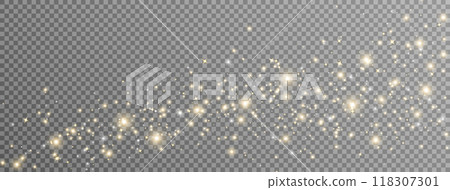 Golden glitter light and star wave. Christmas banner with glow particle. Magic sparkle gold bokeh. New Year luxury background. Festive party. Twinkle flash. Fairy bulb. Vector illustration 118307301