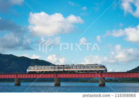 Kyoto Tango Railway KTR8500 running over the Yura River Bridge 118308068