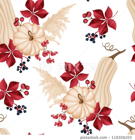 Seamless autumn vector pattern with beige pumpkins, red Virginia creeper leaves, berries, and ornamental grasses. Seamless autumn vector pattern with beige pumpkins, red Virginia creeper leaves, berries, and ornamental grasses. 118308203