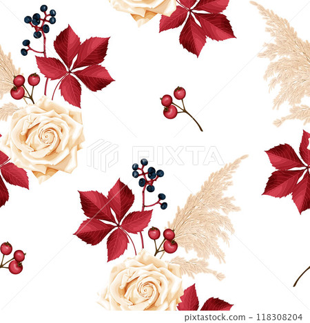 This is a vector illustration featuring a seamless pattern of cream roses, red autumn leaves, pampas grass, and berries. This is a vector illustration featuring a seamless pattern of cream roses, red autumn leaves, pampas grass, and berries. 118308204