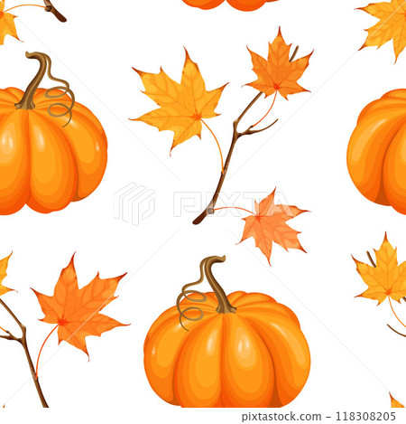 Seamless vector illustration features bright orange pumpkins and autumn maple leaves. Seamless vector illustration features bright orange pumpkins and autumn maple leaves. 118308205
