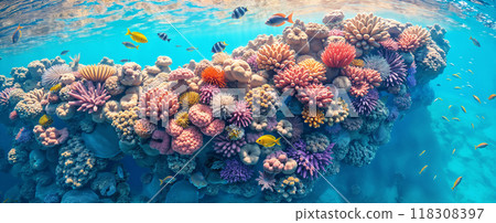 Underwater scene with various fish and corals. 118308397
