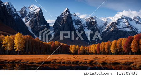 Grassland and trees in the fall foliage season, with a big mountain behind. 118308435