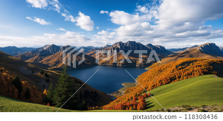 A lake surrounded by mountains with sky and clouds in the background. 118308436