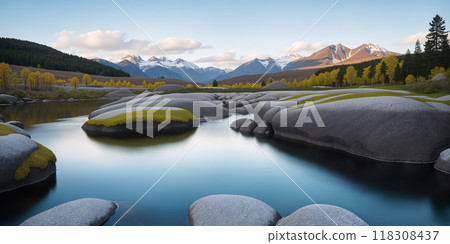 A pond filled with large rocks, with a forest and mountains in the background. 118308437