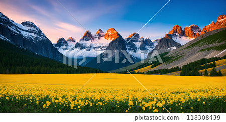A field of yellow flowers with mountains and sky as a background. 118308439