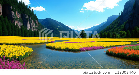 Mountain view with flowers and river in front. 118308440