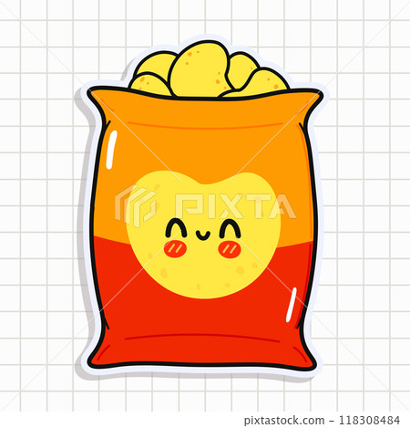 Cute funny Chips sticker. Vector hand drawn cartoon kawaii character illustration icon. Isolated on background. Chips card character concept Cute funny Chips sticker. Vector hand drawn cartoon kawaii character illustration icon. Isolated on background. Chips card character concept 118308484