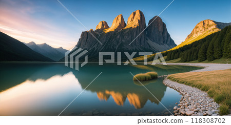 A lake with reflections of tall mountains in the evening. 118308702