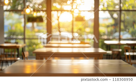 Blurred cafe interior with wooden tables large windows. 118308950