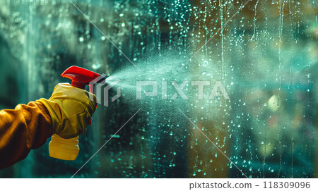 Hand spraying window cleaner on glass surface Hand spraying window cleaner on glass surface 118309096