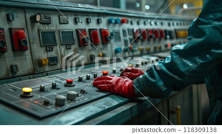 Factory worker with red safety gloves operating control panel Factory worker with red safety gloves operating control panel 118309138