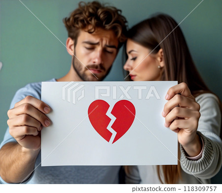 Sad couple holding a broken heart drawing after an argument 118309757