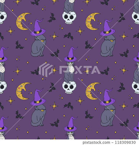 Seamless pattern with cute hand drawn Halloween witchy black cats 118309830