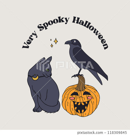 Card or poster with cute Halloween witchy black cat and crow sitting on top of pumpkin 118309845