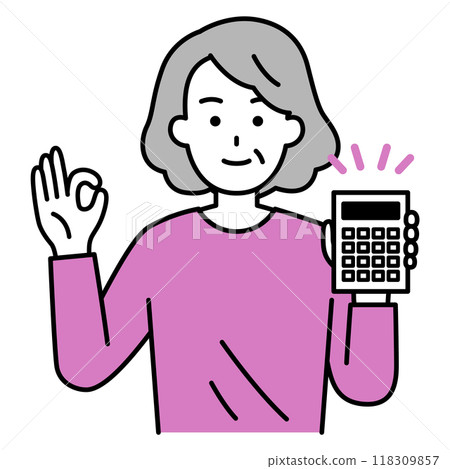 An elderly woman holding a calculator and making an OK sign 118309857