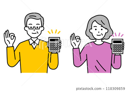 Elderly men and women holding a calculator and making an OK sign Set Elderly men and women holding a calculator and making an OK sign Set 118309859