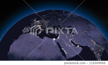 Earth globe by night focused on Europe and Middle East. Dark side of Earth with illuminated cities and stars of universe on background. Elements of this image furnished by NASA 118309948
