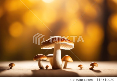 Magical mushrooms bathed in soft golden light, creating an enchanting woodland scene Magical mushrooms bathed in soft golden light, creating an enchanting woodland scene 118310020