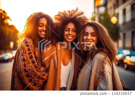 Three joyful women sharing a connected moment, radiant smiles 118310037