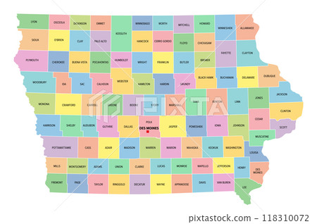 Iowa, U.S. state, subdivided into 99 counties, multi colored political map with capital Des Moines, borders and county names. Midwestern region of the United States, nicknamed The Hawkeye State. 118310072