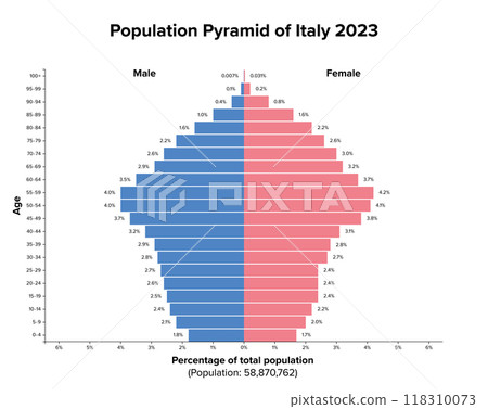 Population pyramid of Italy 2023. Age structure diagram and graphical illustration of the distribution of almost 59 million people, divided into females and males, quoted in percent and 4-year steps. 118310073