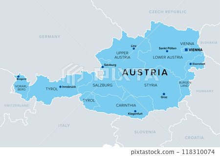 Austria with federal states, blue political map. The Republic of Austria, a landlocked country in Central Europe, with capital Vienna, consisting of nine federal states or provinces. Illustration. 118310074