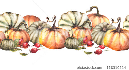 Pumpkins with rose hips border. Watercolor briar fruits, dog rose fall seamless horizontal pattern. Isolated from background. Autumn harvest illustration. Hand drawn design for thanksgiving, halloween Pumpkins with rose hips border. Watercolor briar fruits, dog rose fall seamless horizontal pattern. Isolated from background. Autumn harvest illustration. Hand drawn design for thanksgiving, halloween 118310214
