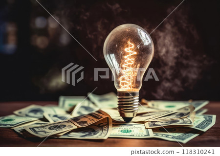 Million Dollar Idea: Burning Light Bulb on Dollar Banknotes - Generative AI 118310241