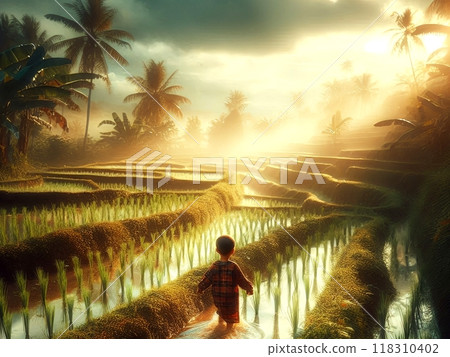 Illustration of a small child playing in the rice field, rural atmosphere in the morning, horizontal view  118310402