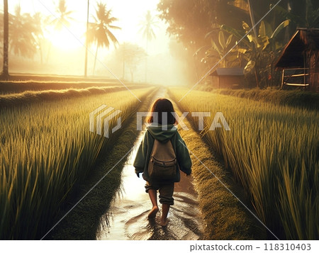Illustration of a small child playing in the rice field, rural atmosphere in the morning, horizontal view Illustration of a small child playing in the rice field, rural atmosphere in the morning, horizontal view 118310403