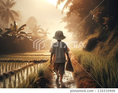 Illustration of a small child playing in the rice field, rural atmosphere in the morning, horizontal view  118310406
