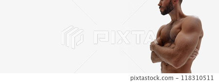 Banner. Cropped photo of toned male body, muscular hands and abs against white background with negative space. 118310511