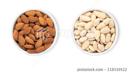 Bowls with organic healthy almond nuts isolated on white background.Top view. 118310522