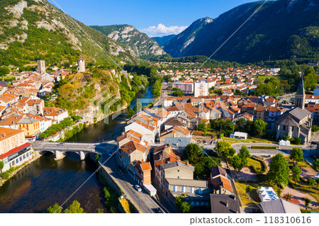 Tarascon-sur-Ariege in valley of Pyrenees Tarascon-sur-Ariege in valley of Pyrenees 118310616