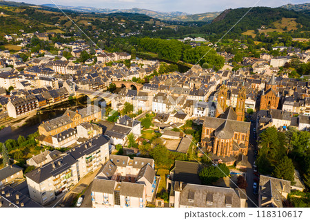 Flight over the city Espalion and river Lot on day. France 118310617