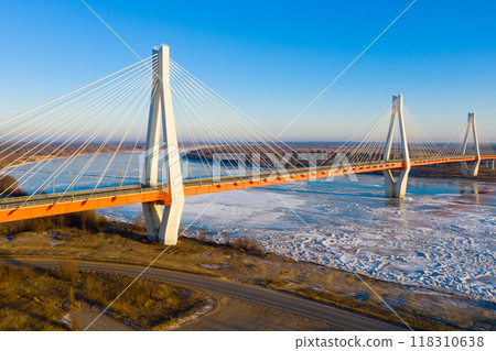 Winter landscape of Oka river with cable-stayed Murom bridge Winter landscape of Oka river with cable-stayed Murom bridge 118310638