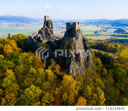 Aerial view of ruined Trosky Castle in Bohemian Paradise 118310642